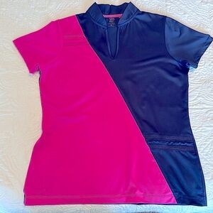 EP NY Pink and Navy Diagonal Colorblock V Neck Polo Shirt.